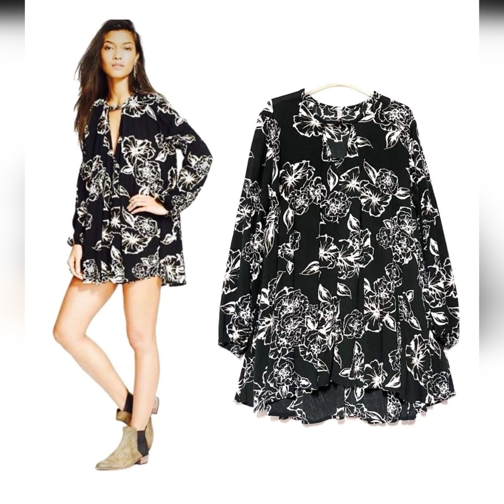 Free People Black and White Graphic Blouse with Mandarin Collar, SIZE: S. P
